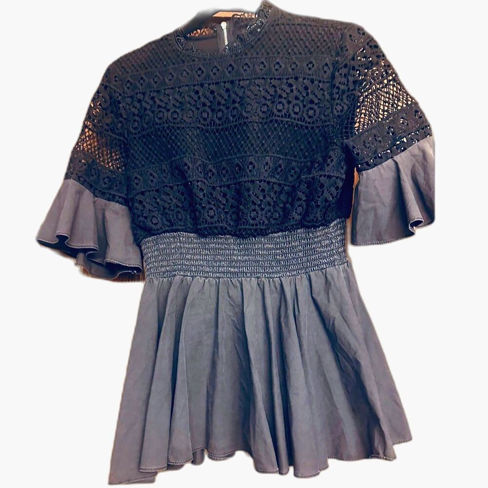 CQ by CQ Romantic, Victorian Glam Intricate Lace Crochet Mesh Ruffle Cuffs Top M